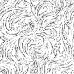 Seamless black vector texture of smooth flowing lines or splashes. Abstract background of flowing waves drawn in chalk or charcoal isolated on a white background.