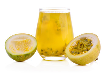Passion fruit and passion fruit juice isolated on white background.