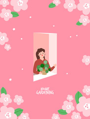 Illustration of a garden at home. Flowerpot, plant, interior illustration.