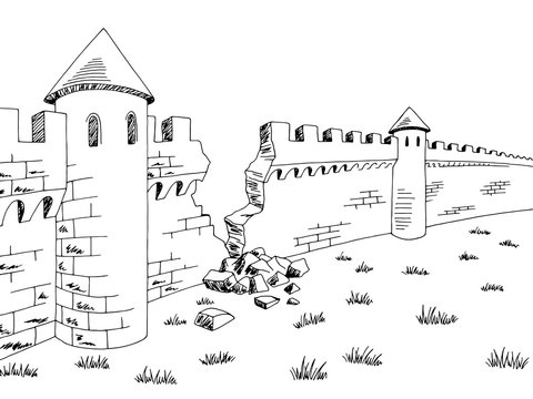 Broken wall medieval castle graphic black white sketch illustration vector