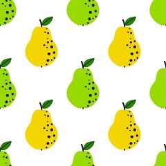 Pear pattern. Seamless background with green and yellow fruit. Great for wallpaper, scrapbooking and fabric print. Cute simple cartoon design for kitchen and food. Vector