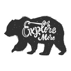 Naklejka na ściany i meble Explore more. Silhouette of grizzly bear on grunge background. Design element for poster, card, banner, sign. Vector illustration
