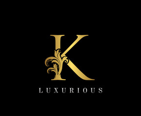 Golden K Luxury Logo Icon, Vintage Royal Gold K Letter Logo Design.