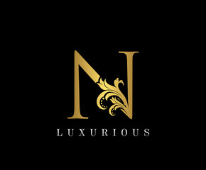 Golden N Luxury Logo Icon, Vintage Royal Gold N Letter Logo Design.