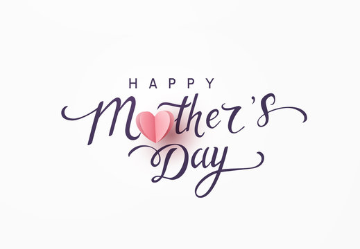 Mother's day greeting card. Vector banner with pink paper heart. Symbol of love and calligraphy text on gray background. .