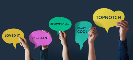 Customer Experiences Concept. Group of Happy People Raised up Hand to Giving a Positive Review on Speech Bubble Card. Client's Satisfaction Surveys. Front View - obrazy, fototapety, plakaty