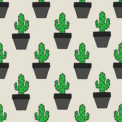 Vector seamless pattern with cactuses in pots; doodle home plants design for fabric, wallpaper, textile, wraping paper, package, web design.