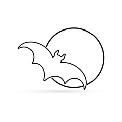 Outline bat with moon icon isolated on white. Doodle art line. Sketch halloween symbol. Linear vector stock illustration