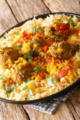 Kofta Chalao. Sauteed meatballs simmered in a blend of Afghan spices, garlic and onions, served with Basmati rice close-up in a plate. Vertical