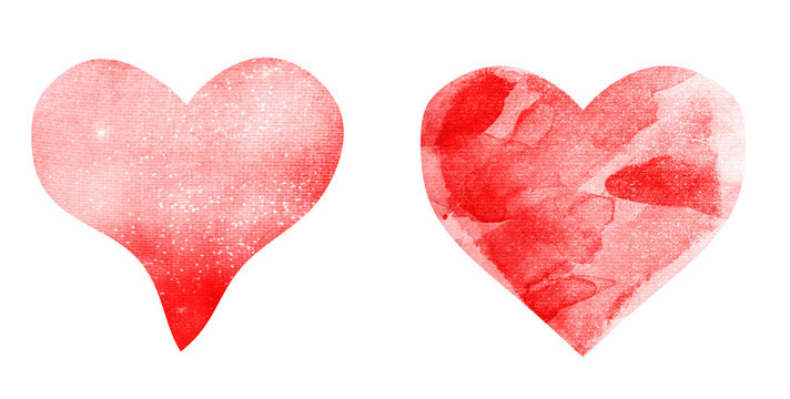 Two watercolor hearts on white as background