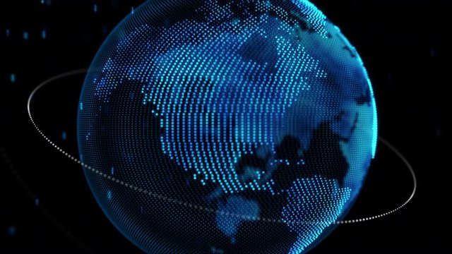 Spinning globe dot world map with particle and lighting effect, dark and grain processed
