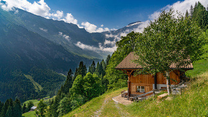 Fototapeta na wymiar Switzerland, Panoramic view on green Alps around Saxeten valley