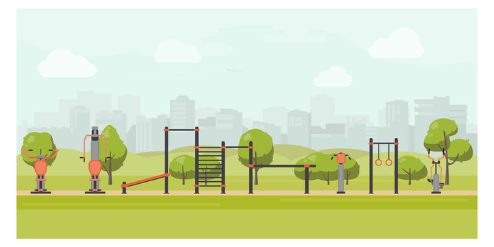 Urban park landscape flat illustration with street workout zone. Sport playground, outdoor gym equipment. Stock vector.