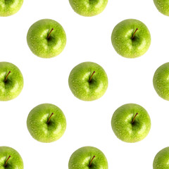 Seamless pattern fresh green apples on white background isolated top view, granny smith apple repeating ornament, tasty juicy ripe fruits backdrop, natural healthy diet food concept, summer wallpaper