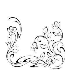 ornament 1026. decorative element with flower buds on stems with leaves and curls in black lines on a white background