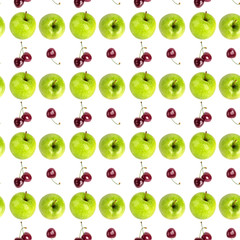 Seamless pattern fresh green apples, red cherry berries in line isolated, white background, apple and sweet cherries berry striped repeating ornament, fruits rows backdrop, healthy diet food wallpaper