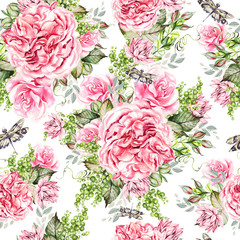 Watercolor colorful pattern with peony, roses and succulent flowers.