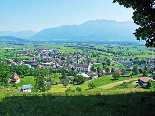 View of the Gams settlement and the fertile Rhine river valley (Rheintal) - Canton of St. Gallen,...