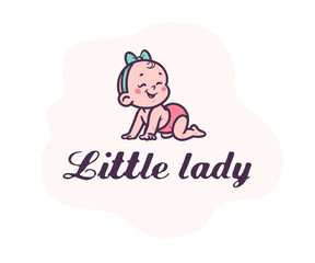 Little lady logotype with cute small baby girl silhouette in head bow crawl laughing isolated on white background. Baby shop emblem, baby care, happy motherhood sign, symbol. Vector flat illustration.