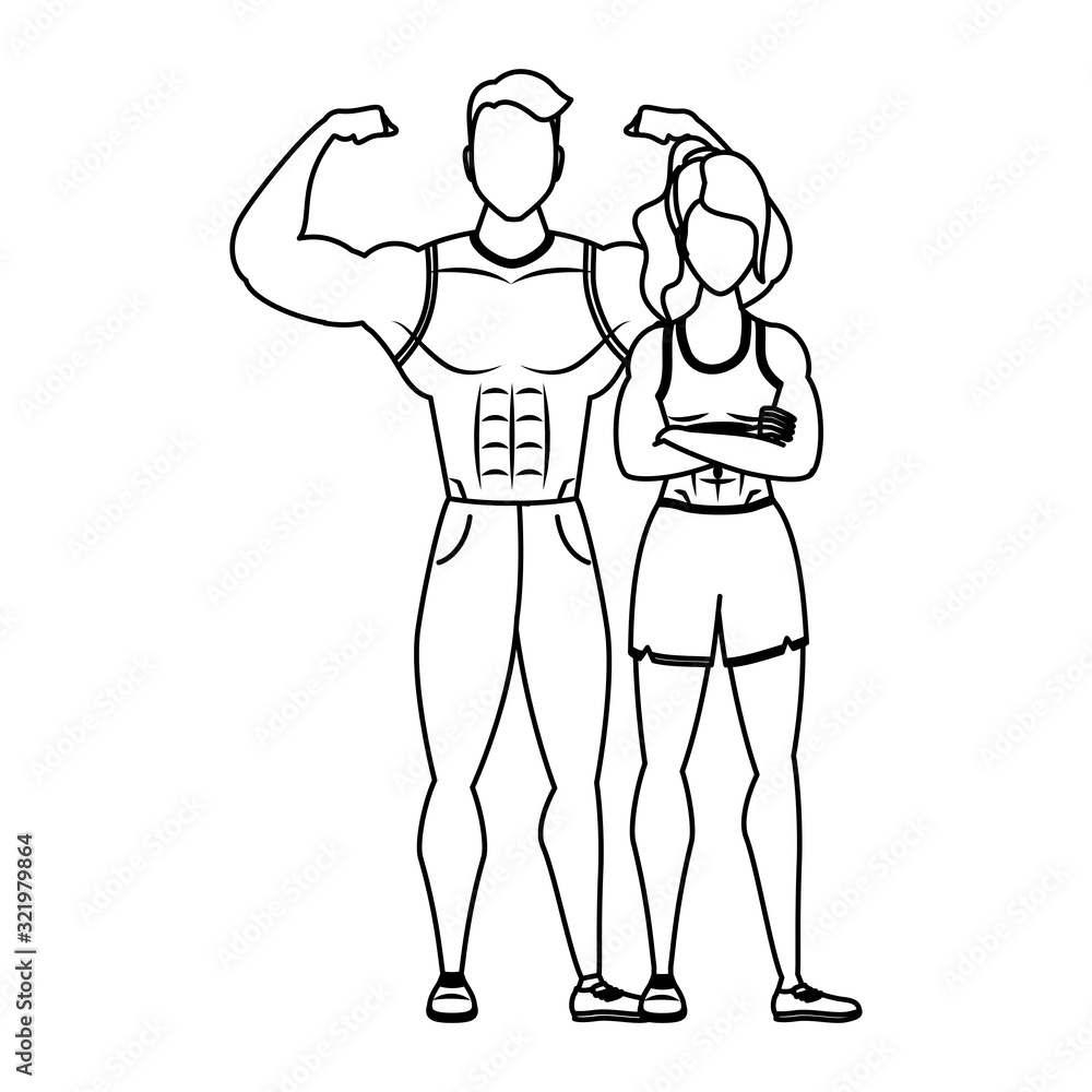 Sticker young athletes couple characters healthy lifestyle