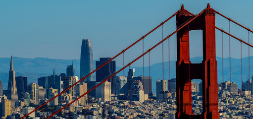 San Francisco, Ca. skyline seen from the tower of the Golden Gate Bridge - obrazy, fototapety, plakaty