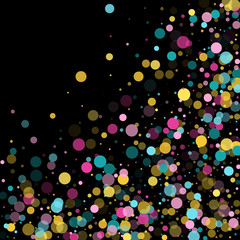 Memphis round confetti festive background in cyan blue, pink and yellow. Childish pattern vector.