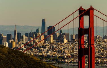 San Francisco, Ca. skyline seen from the Golden Gate Bridge at sun down © Larry D Crain