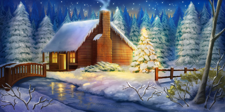 Christmas Night Winter Warm Cabin. Snow land. Fantasy Backdrop. Concept Art. Realistic Illustration. Video Game Digital CG Artwork Background. Natural Scenery.