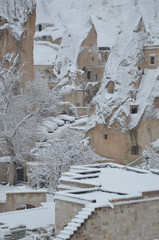 Breathtaking view of Valley in winter season, Cappadocia national park, Turkey. Heavy snow fall during christmas time.