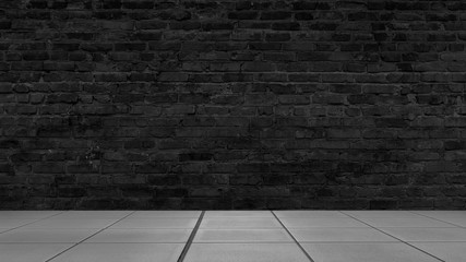 background of an empty black room, a cellar, lit by a searchlight. Brick black wall and wooden floor