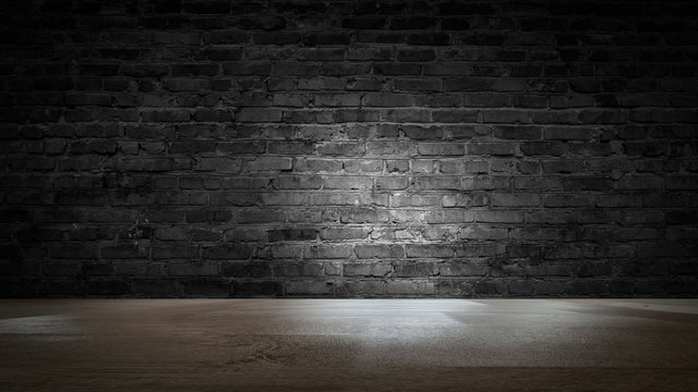 background of an empty black room, a cellar, lit by a searchlight. Brick black wall and wooden floor