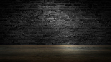 background of an empty black room, a cellar, lit by a searchlight. Brick black wall and wooden floor