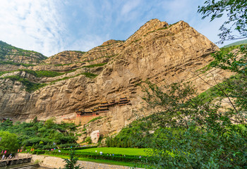 Landscape panorama of Xuankong  (chinese Hanging Temple) National Heritage. Temple built into a cliff near Mount Heng or Hengshan in Hunyuan, China