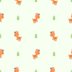 Cute forest background. Seamless pattern with little deer on light green background. Illustration in flat style. Vector 8 EPS.