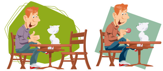 Man feeds kitten and plays with him. Funny people.