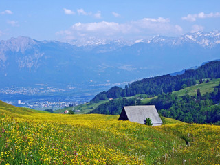 Traditional architecture and farmhouses on the slopes of the Alpstein massif and in the Rhine...