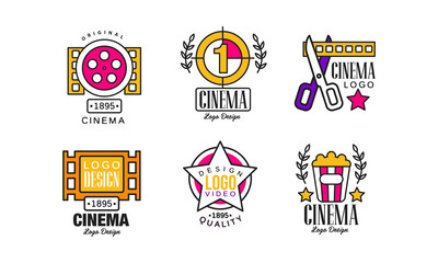 Cinema Logo Design Templates Collection, Bright Original Vintage Cinematography Badges Vector Illustration