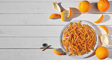 Candied orange peel in sugar is a favorite treat for children and adults. Image of homemade candied...