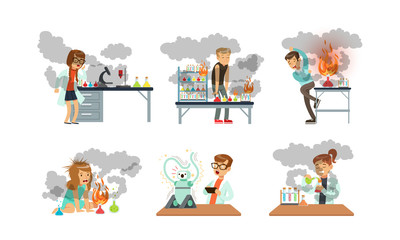 Collection of Young Scientist After Failed Experiments, Schoolchildren Experimenting in Science Laboratory Vector Illustration