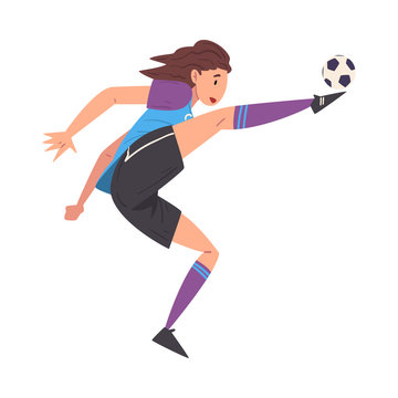 Girl Playing Soccer, Female Football Player Character in Sports Uniform Kicking the Ball Vector Illustration