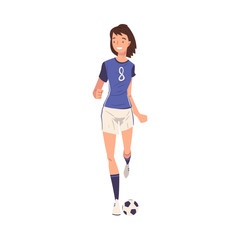 Girl Soccer Player Character, Young Woman in Sports Uniform Playing with Ball Vector Illustration