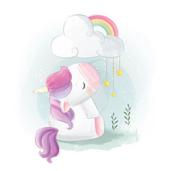Cute Unicorn Sitting Under Rainbow Cloud