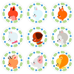 Cute cupcake toppers. Set of 9 cupcake toppers with illustrations of animals faces in cartoon style. Vector 8 EPS.