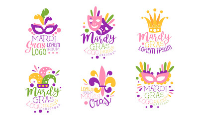 Fototapeta na wymiar Mardi Gras Logo Design Templates Collection, Colorful Carnival Festive Hand Drawn Labels Vector Illustration