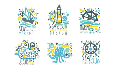Sea Club Original Logo Design Templates Collection, Marine and Nautical Hand Drawn Labels Vector Illustration