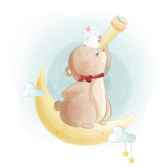 Cute Little Bear Looking A Star With A Telescope