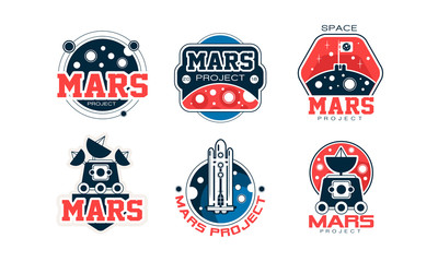 Mars Project Logo Design Templates Collection, Space Adventure, Exploration, Red Planet Colonization Labels Vector Illustration