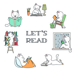 Naklejka premium Lets's Read. Doodle illustration of a cute white cats fond of reading. Vector 8 EPS.