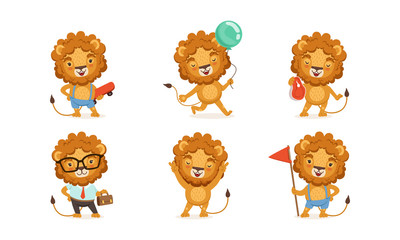 Cute Lion in Different Situations Set, Adorable African Animal Cartoon Character in Everyday Life Vector Illustration