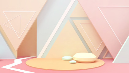 Podium Triangular Modern  Geometric shapes Creative Abstract composition and minimal art Concept on Yellow - Pink  wall Background - 3d rendering